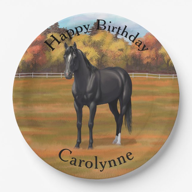 Beautiful Black Quarter Horse Stallion Paper Plate (Front)
