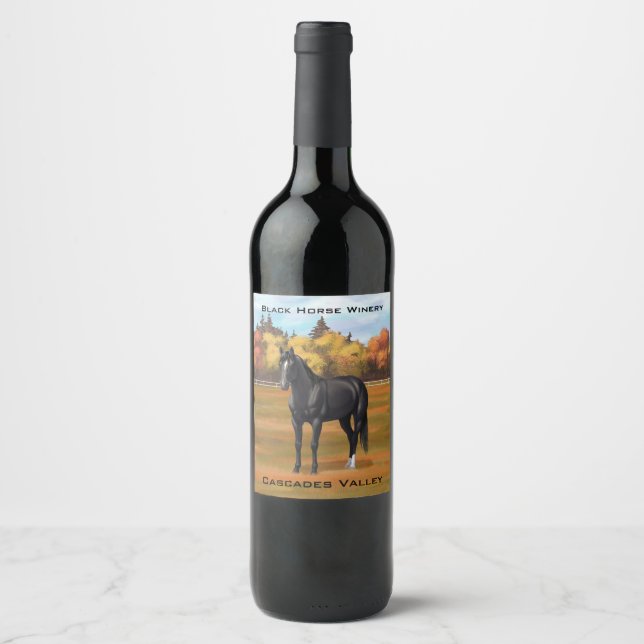 Beautiful Black Quarter Horse Stallion Wine Label (Front)