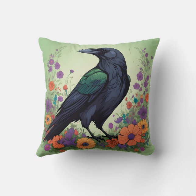 Beautiful Black Raven Throw Pillow (Back)