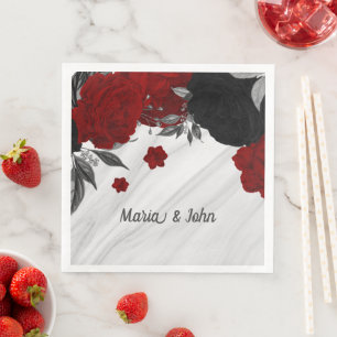 Beautiful black & red flowers marble napkin