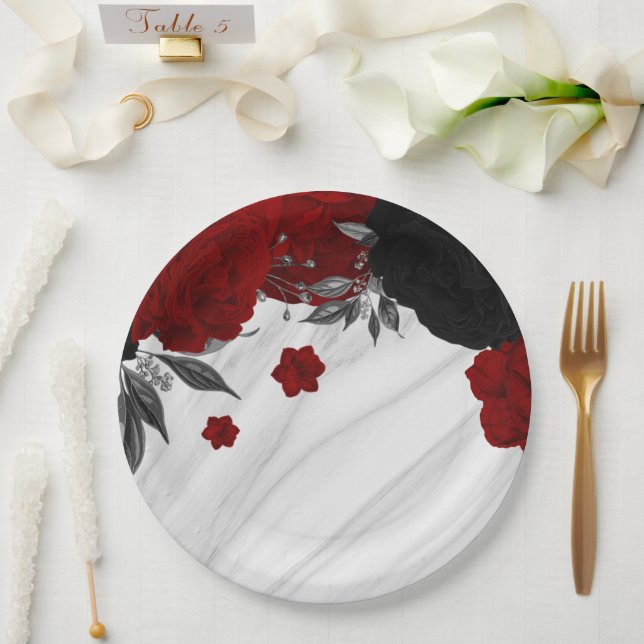 Beautiful black & red flowers marble paper plate (Wedding)