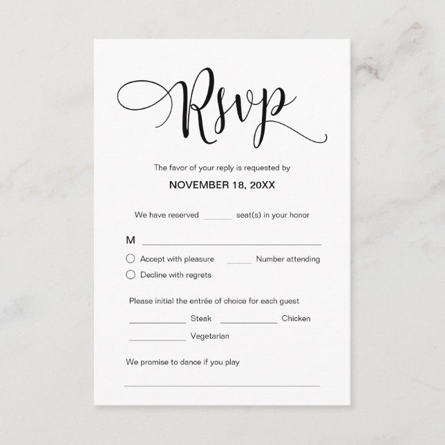 Beautiful Black Script, RSVP, Respond Enclosure Card (Front)