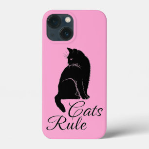 Beautiful Black Sitting Cat with "Cats Rule" Text iPhone 13 Mini Case