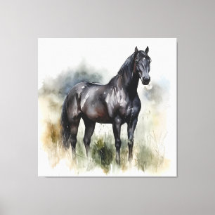 beautiful black stallion in a meadow in watercolor canvas print