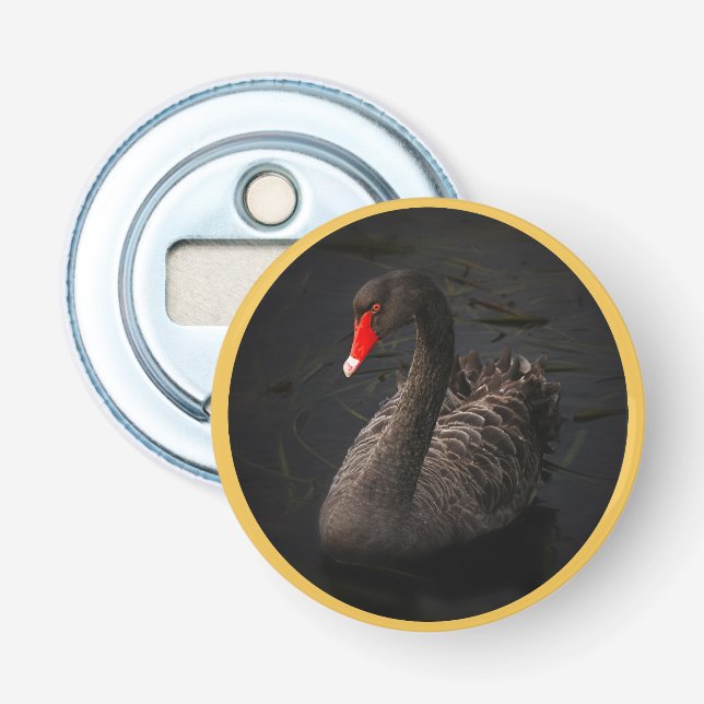 Beautiful Black Swan with a Bright Red Beak Bottle Opener (Front)