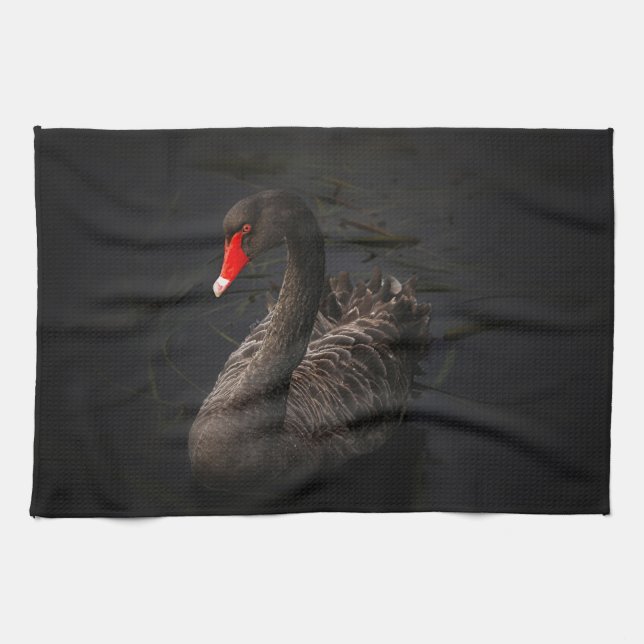 Beautiful Black Swan with a Bright Red Beak Kitchen Towel (Horizontal)