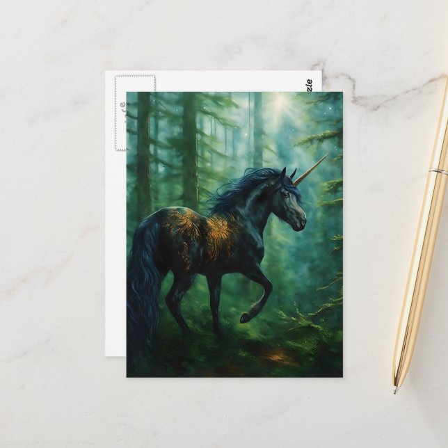 Beautiful Black Unicorn in a Forest Postcard (Front/Back In Situ)