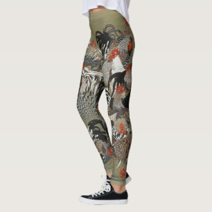 Beautiful Black, White and Multi-Colour Roosters Leggings