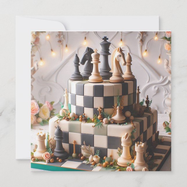BEAUTIFUL BLACK & WHITE CHESS THEMED BIRTHDAY CAKE CARD (Front)