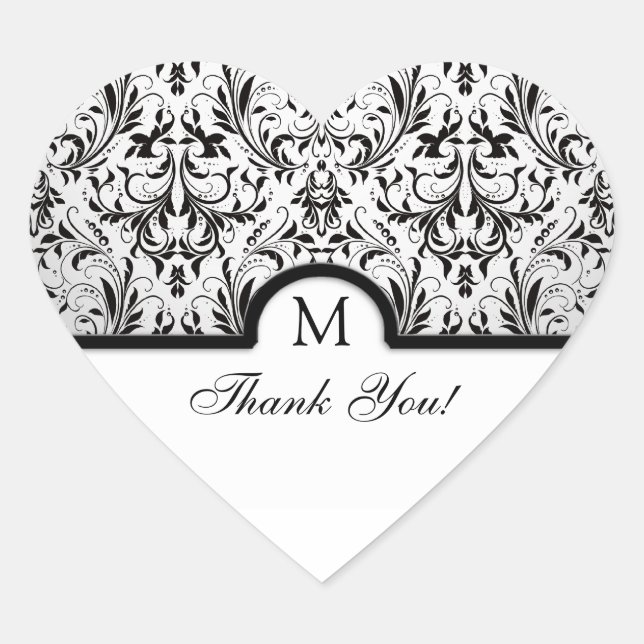 Beautiful Black & White Damask Thank You Heart Sticker (Front)