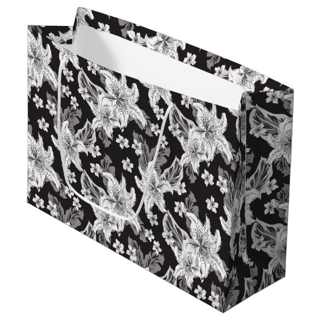 Beautiful black white flower pattern large gift bag (Front Angled)