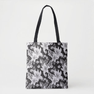 Beautiful black white flower pattern tote bag