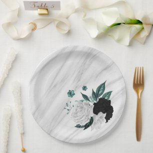 Beautiful black white teal flowers marble paper plate