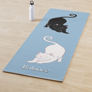 Beautiful Black & White Yoga Cats on Light Blue Mat