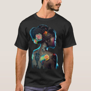 Beautiful Black Woman Fun Tattoos Flowers African T-Shirt