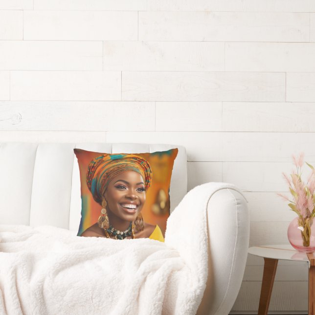 Beautiful Black Woman, Headwrap woman, Stunning  Throw Pillow (Couch)