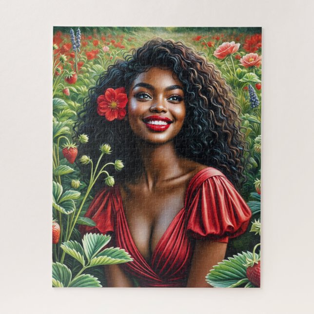 Beautiful Black Woman In Red Strawberry Art Jigsaw Puzzle (Vertical)