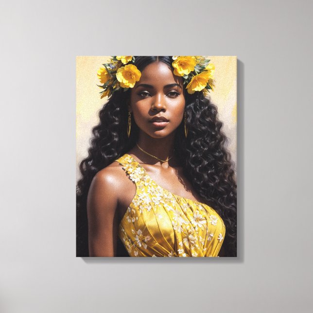 Beautiful Black Woman in Yellow Portrait Art Canvas Print (Front)