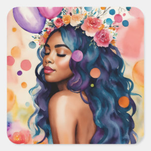 Beautiful Black Woman Multicolor Party Art Square Sticker