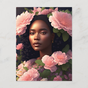 Beautiful Black Woman With Pink Flowers Postcard