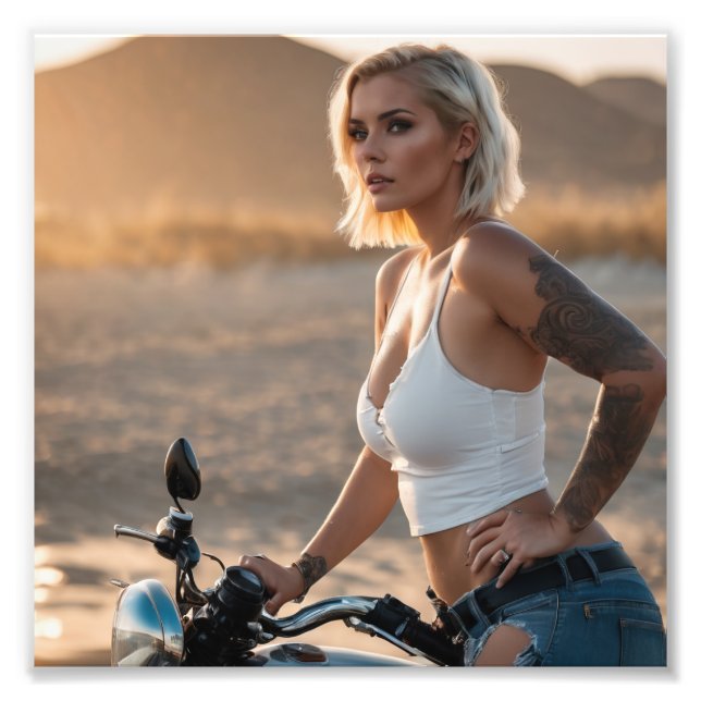 Beautiful Blond Biker Babe in Desert Photo Print (Front)