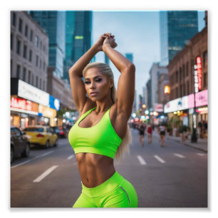 Beautiful Blonde Fitness Girl Posing in Neon Green Photo Print