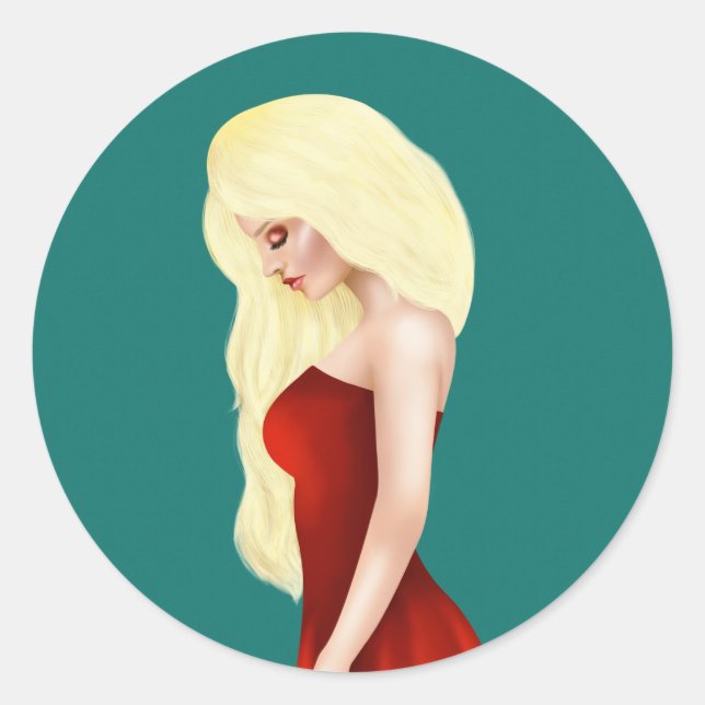 Beautiful Blonde Lady in Red Gown Playing Cards Classic Round Sticker (Front)