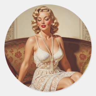 Beautiful blonde pin-up 50's art classic round sticker