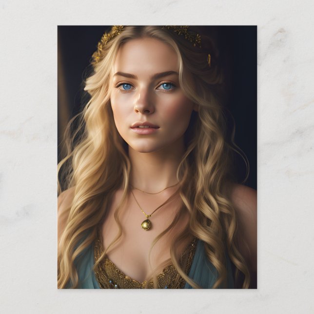 Beautiful Blonde Woman in Blue and Gold Dress Postcard (Front)
