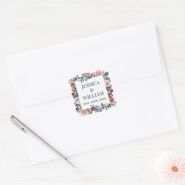 Beautiful Blooms Floral Spring Watercolor Wedding Square Sticker (Envelope)