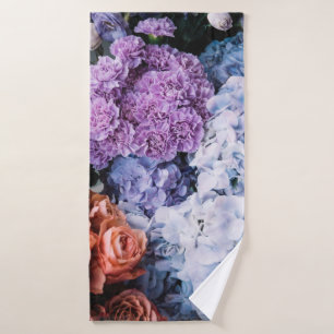 Beautiful blossoming flowers (roses, hydrangeas, c bath towel