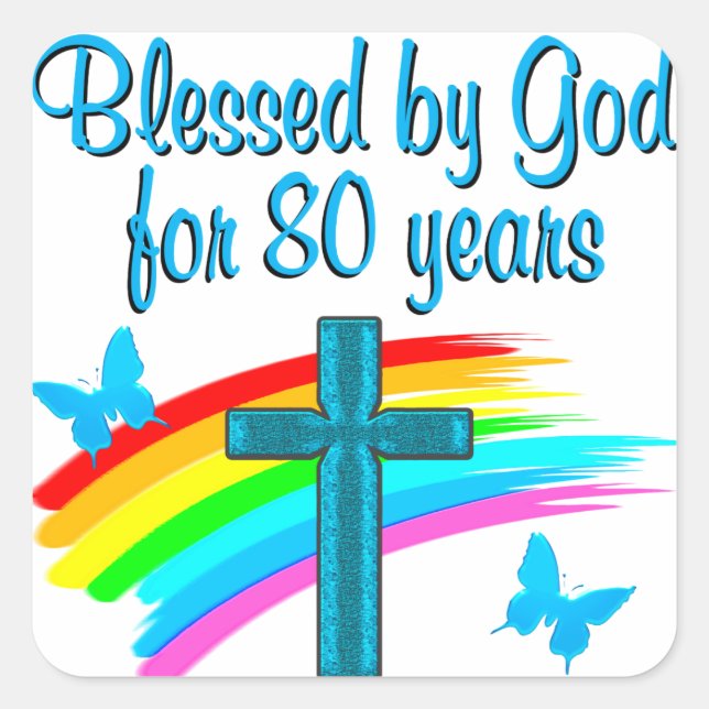 BEAUTIFUL BLUE 80TH BIRTHDAY CHRISTIAN DESIGN SQUARE STICKER (Front)