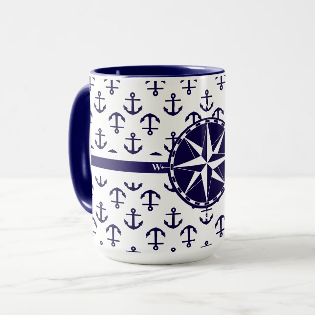 Beautiful blue Anchor Pattern Nautical Theme Mug (Front Left)