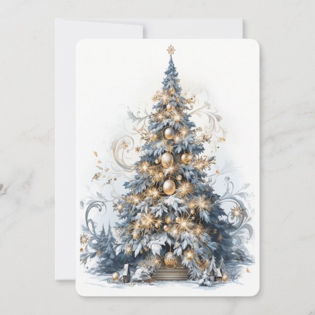 Beautiful Blue and Gold Christmas Tree Holiday Card (Front)