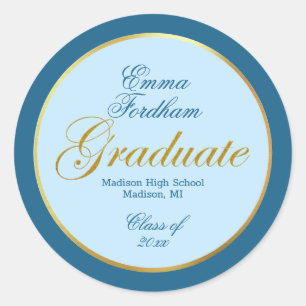 Beautiful Blue and Gold Foil Graduate Classic Round Sticker