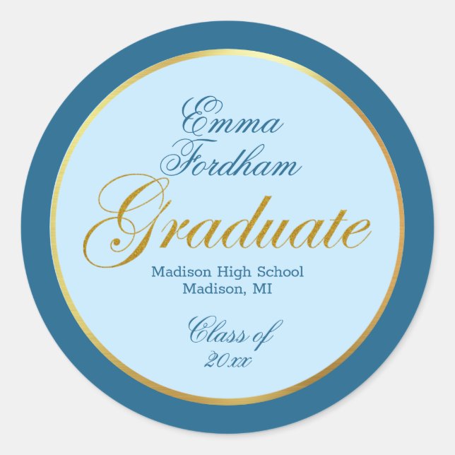 Beautiful Blue and Gold Foil Graduate  Classic Round Sticker (Front)