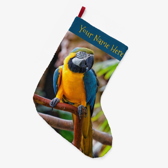 Beautiful Blue and Gold Macaw Parrot Bird Large Christmas Stocking (Front (Hanging))
