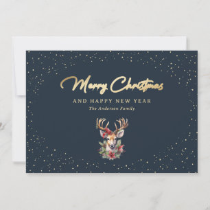 Beautiful Blue and Gold Snow Reindeer Christmas Holiday Card