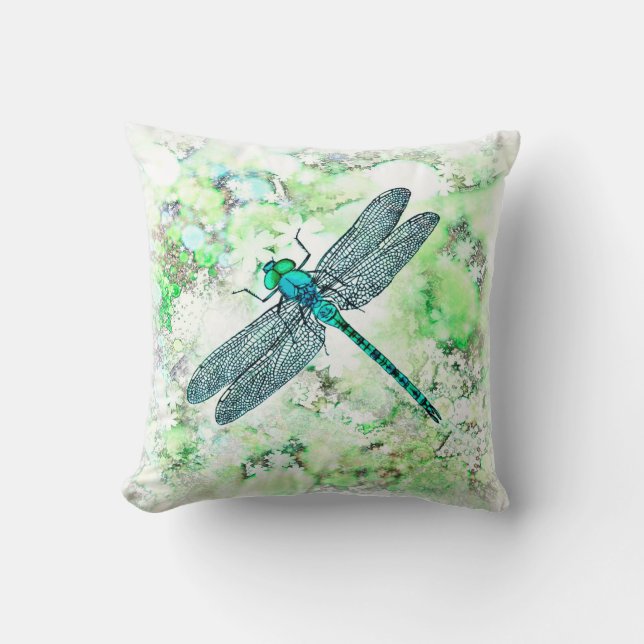 Beautiful Blue and Green Dragonfly Throw Pillow (Front)