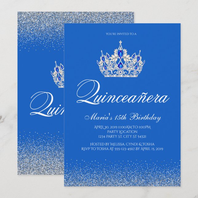 Beautiful Blue and Silver Quinceanera Invitations (Front/Back)
