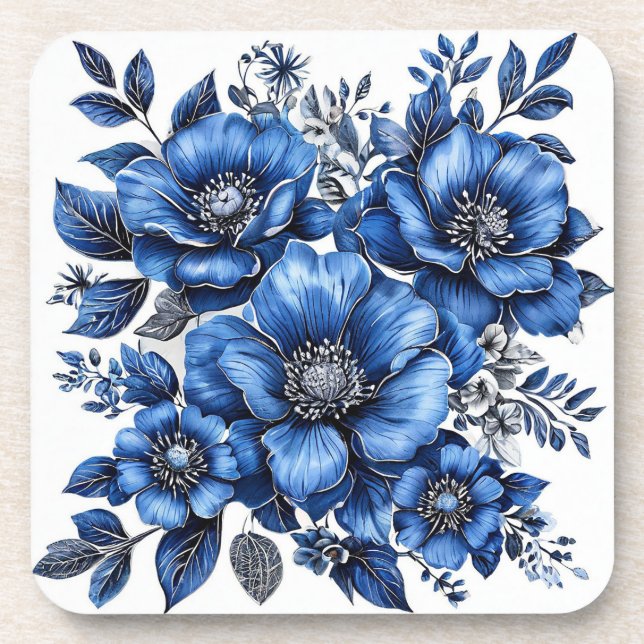 Beautiful Blue and White Floral Arrangement Coaster (Front)