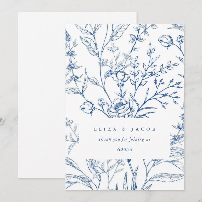 Beautiful Blue and White Floral Wedding Thank You Card (Front/Back)