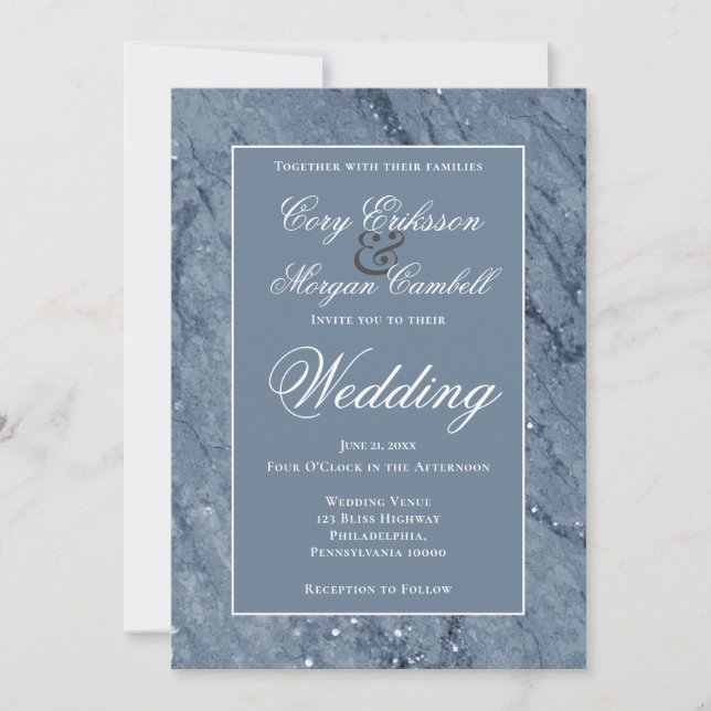 Beautiful Blue and White Marbling Wedding Announcement (Front)