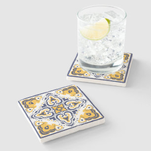 💛💙🤍 Beautiful blue and yellow Azulejos, Stone Stone Coaster