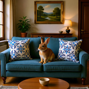 💙 Beautiful blue Azulejos, Medium tile size Throw Pillow