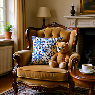 💙 Beautiful blue Azulejos, Small tile size Throw Pillow