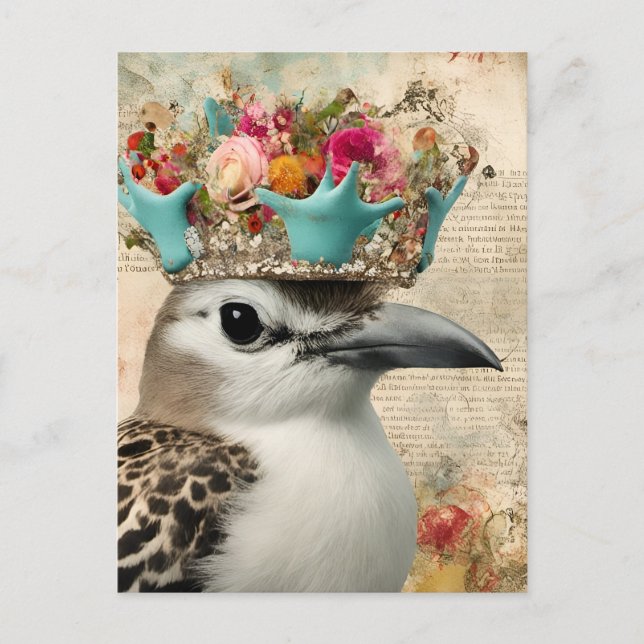 Beautiful Blue Bird in a Funny Crown Collage Postcard (Front)