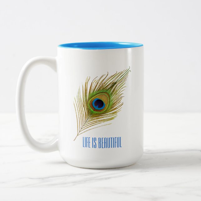 Beautiful Blue Bird Peacock Feather Two-Tone Coffee Mug (Left)