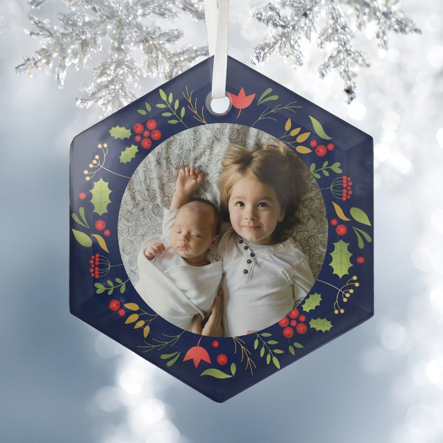 Beautiful Blue Botanical Photo Custom Christmas Glass Ornament (Creator Uploaded)