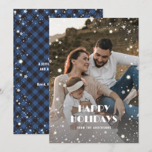 Beautiful Blue Buffalo Plaid Snow Stars Photo Holiday Card